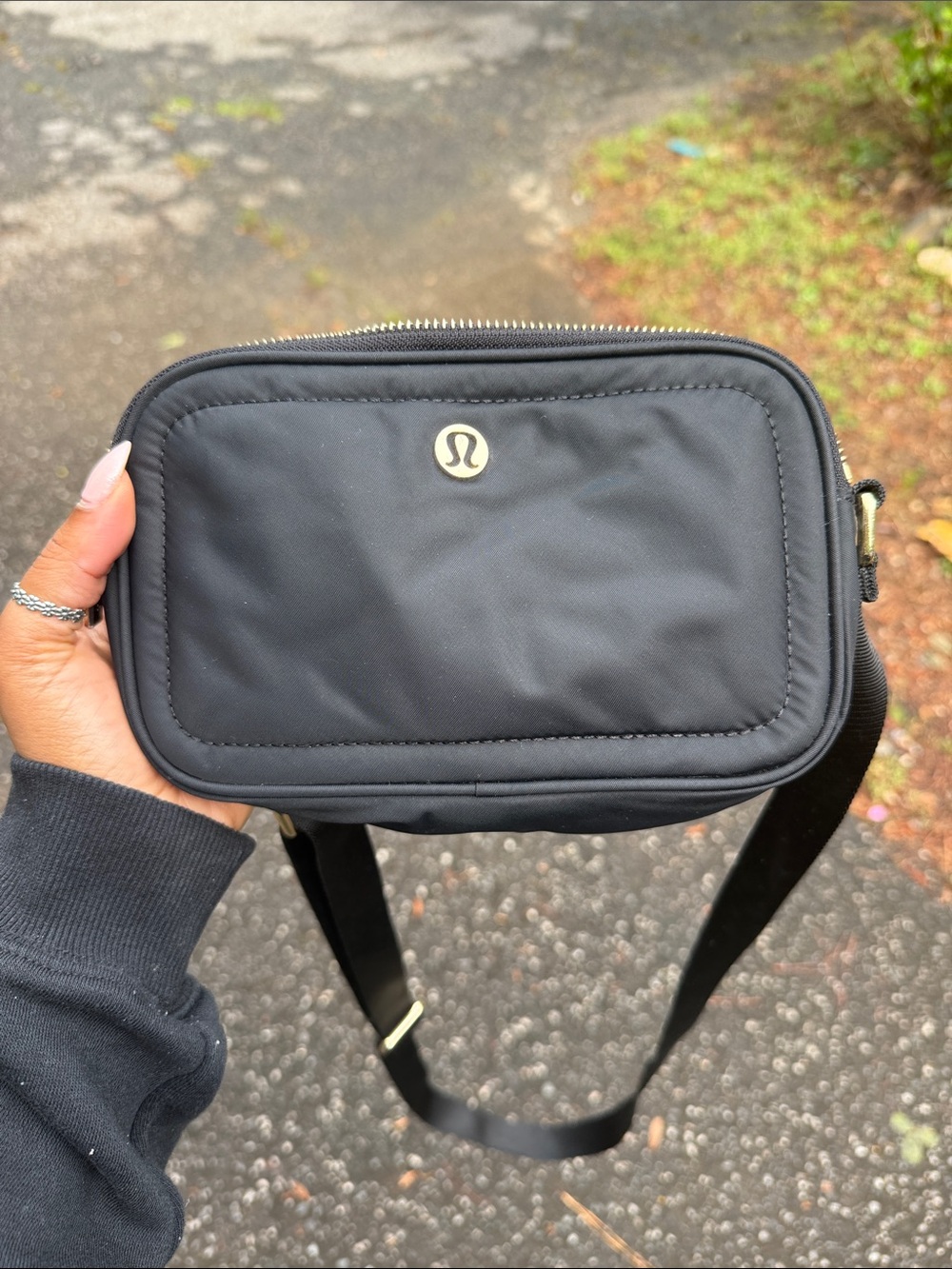 lululemon athletica Black Nylon Belt Bag with Gold Logo